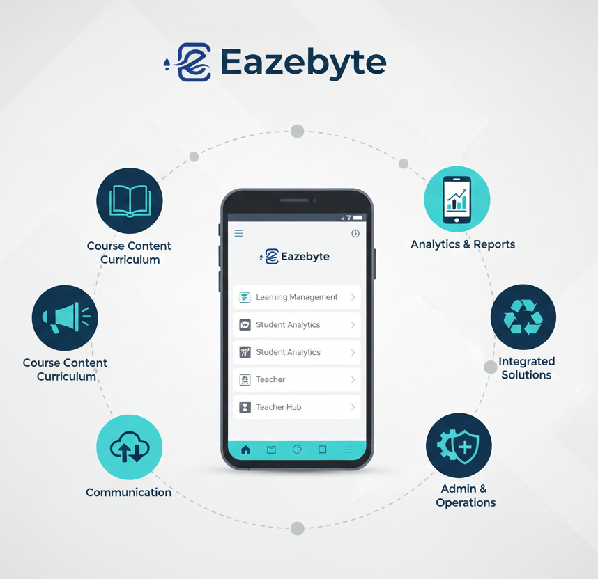 EazeByte Mobile App showing a circle diagram of solutions like Analytics, Admin & Operations, and Communication.