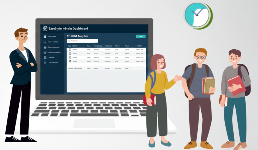EazeByte Admin Dashboard on a laptop with students standing nearby.